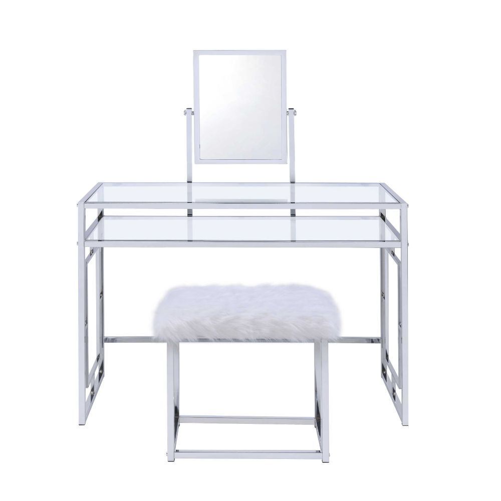 Carenze II - Vanity Set - White Faux Fur & Chrome