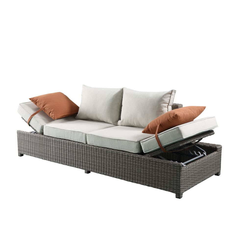 Salena - Patio Sofa With 2 Pillows & Ottoman - Beige Fabric & Gray Wicker