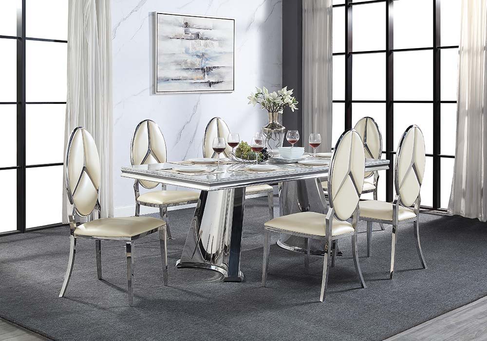 Destry - Dining Table With Engineering Stone Top & Pedestal Base - Engineering Stone Top & Mirrored Silver