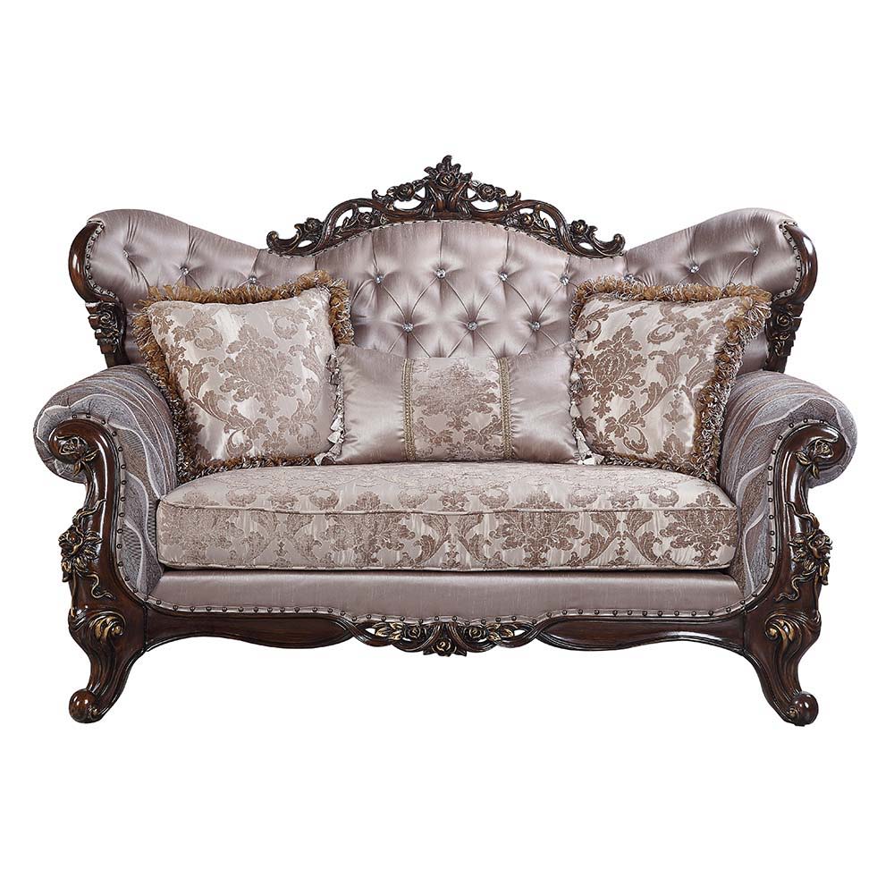 Benbek - Loveseat With 3 Pillows - Fabric & Antique Oak