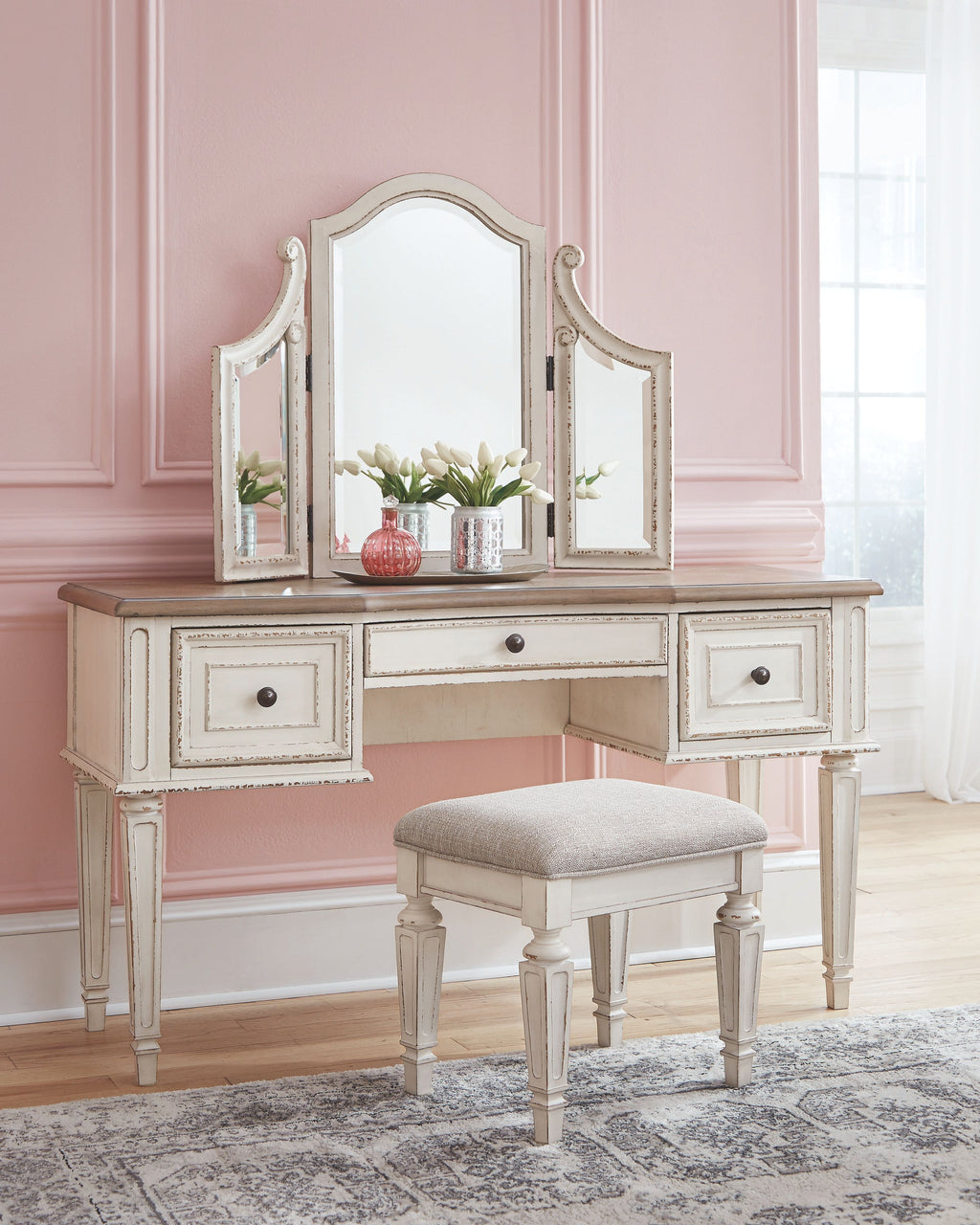 Realyn - Vanity/Mirror/Stool (Set of 3) - White / Brown / Beige