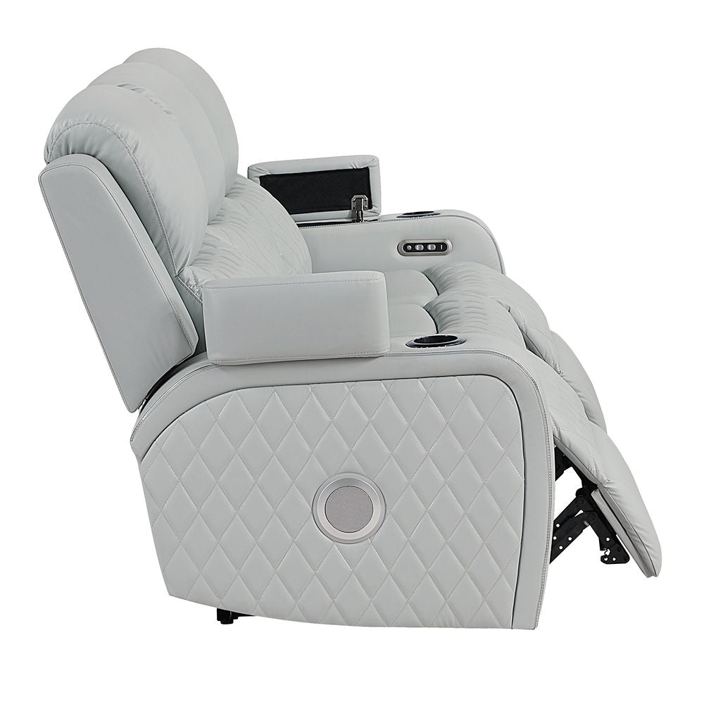 Elonzo - Power Motion Sofa With LED, Power Headrest & Speaker - Light Gray