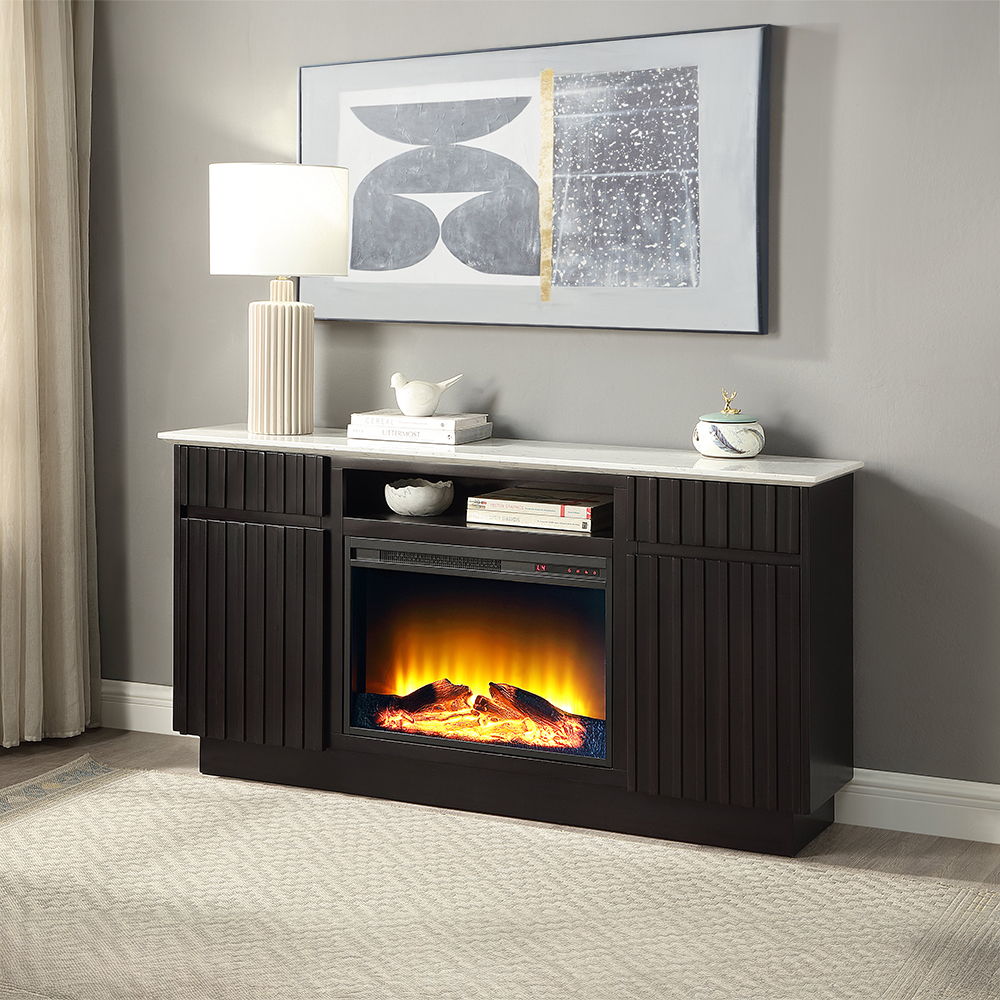 Jaramillo - Server With Fireplace - Engineered Marble & Rustic Espresso