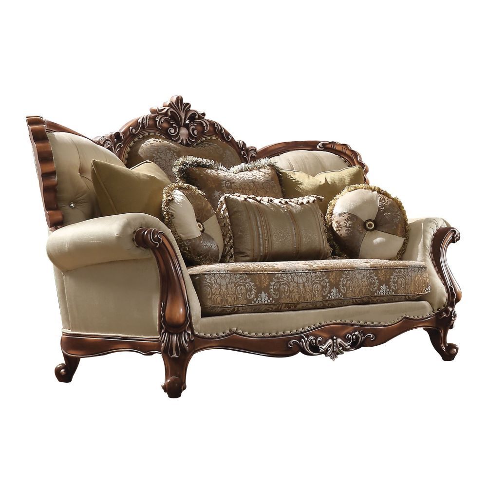 Latisha - Loveseat With 6 Pillows (Same Lv01577) - Tan, Pattern Fabric & Antique Oak