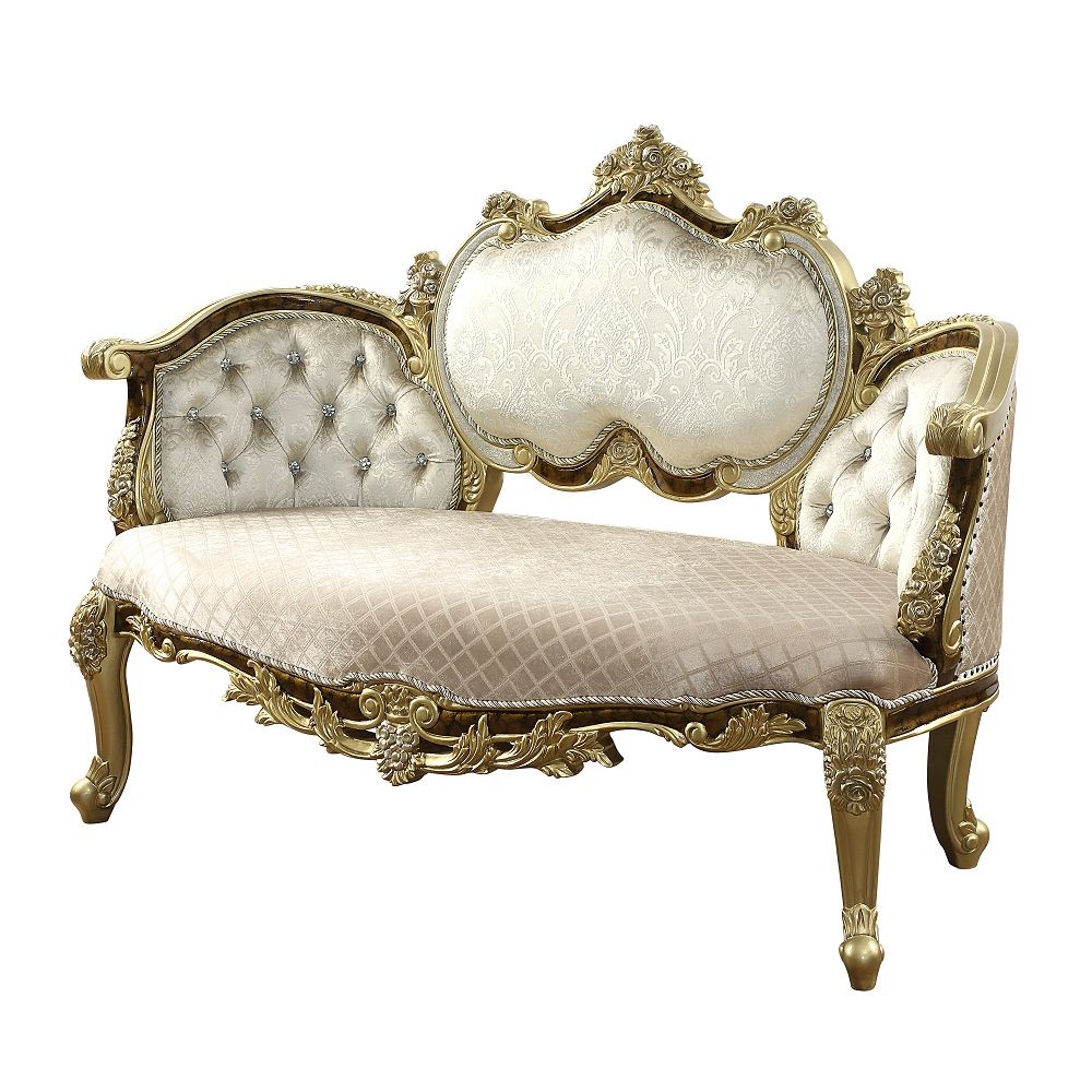 Desiderius - Bench - Beige Fabric, Antique Gold & Hand Paint Brown