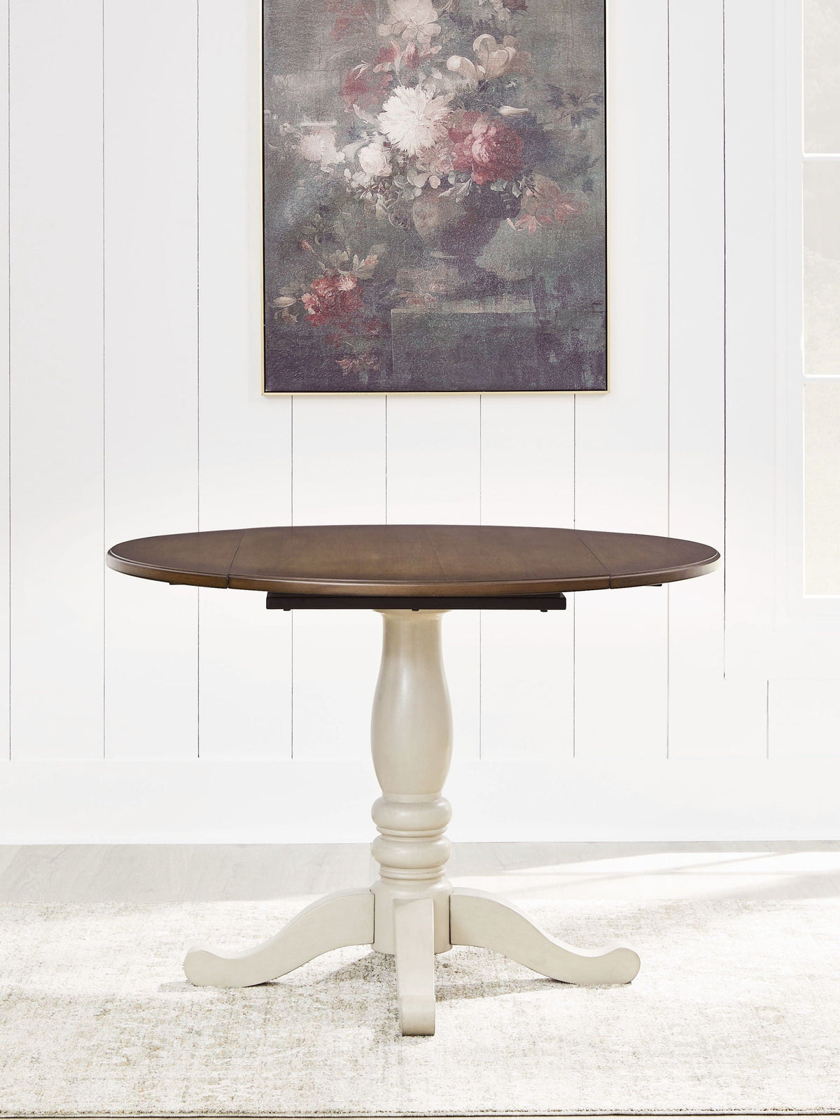 Wirloni - Round Dining Room Drop Leaf Table - Antique White / Brown