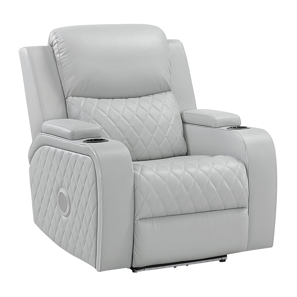 Elonzo - Power Motion Recliner With LED, Power Headrest & Speaker - Light Gray