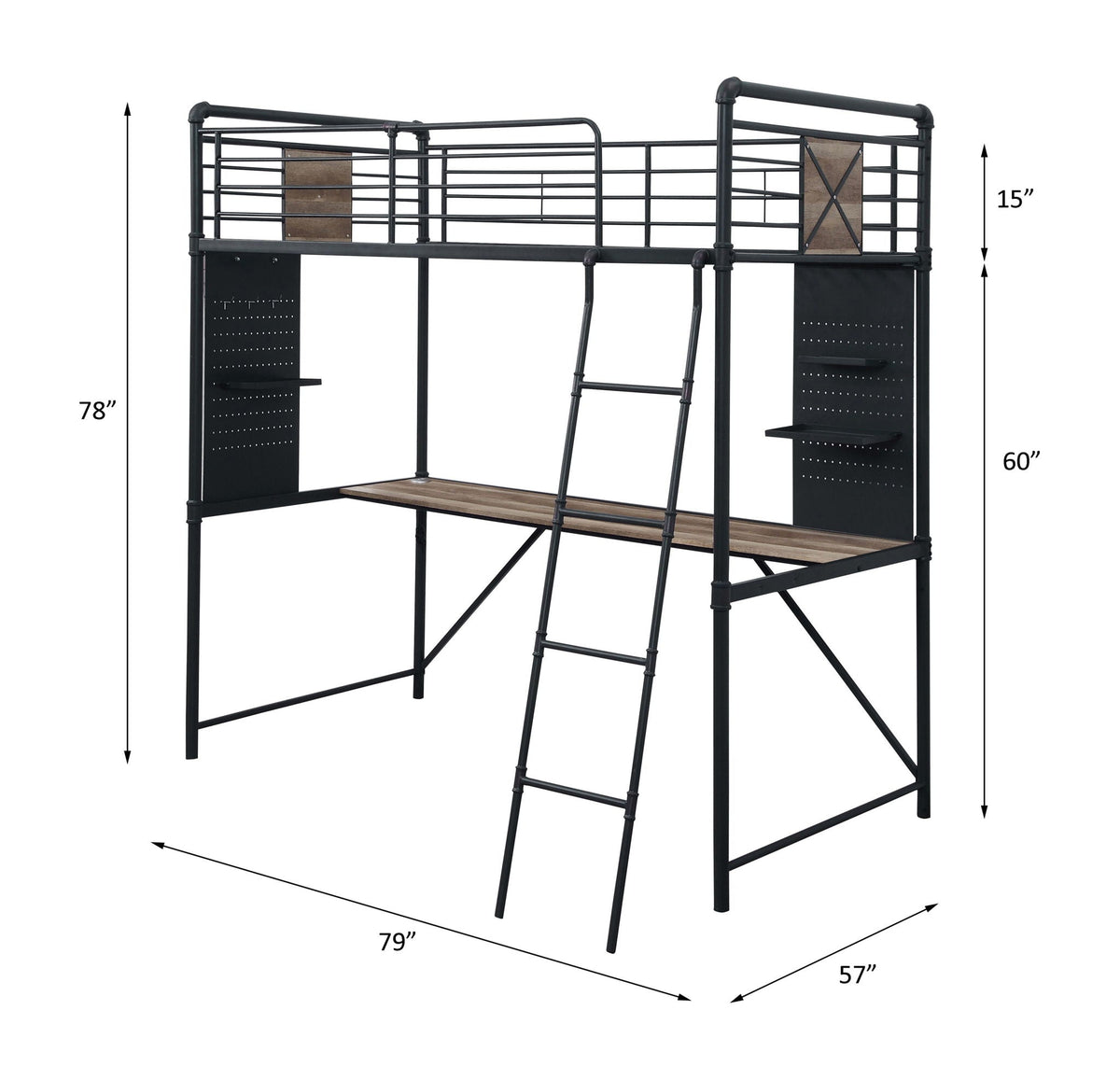 Cordelia - Twin Loft Bed With Desk - Antique Oak, Sandy Black & Dark Bronze Hand-Brushed