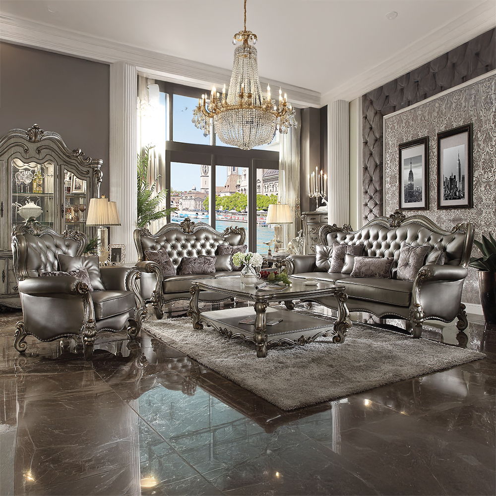 Versailles - Chair With 2 Pillows - Silver Synthetic Leather & Antique Platinum