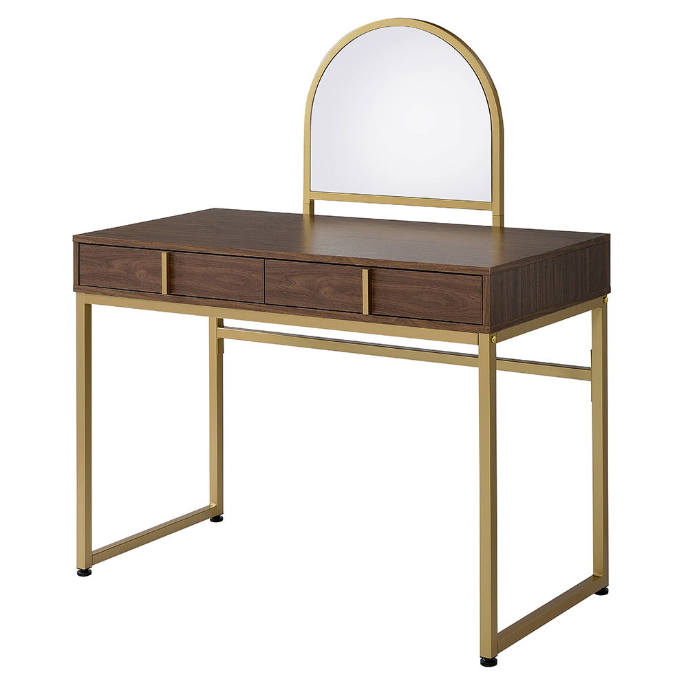 Coleen - 50" Vanity Desk With Mirror & Jewelry Tray - Walnut & Gold
