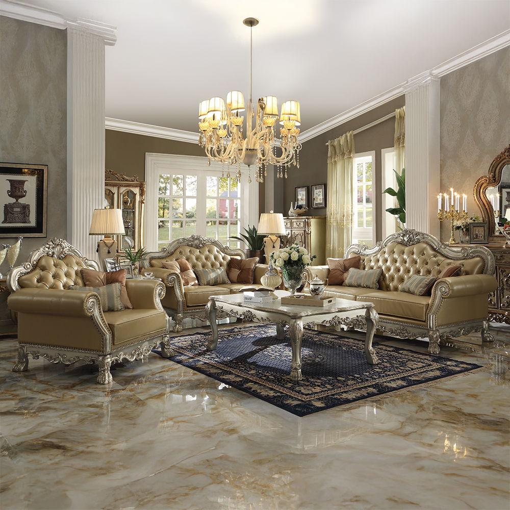 Dresden - Loveseat With 3 Pillows - Bone Synthetic Leather & Gold Patina