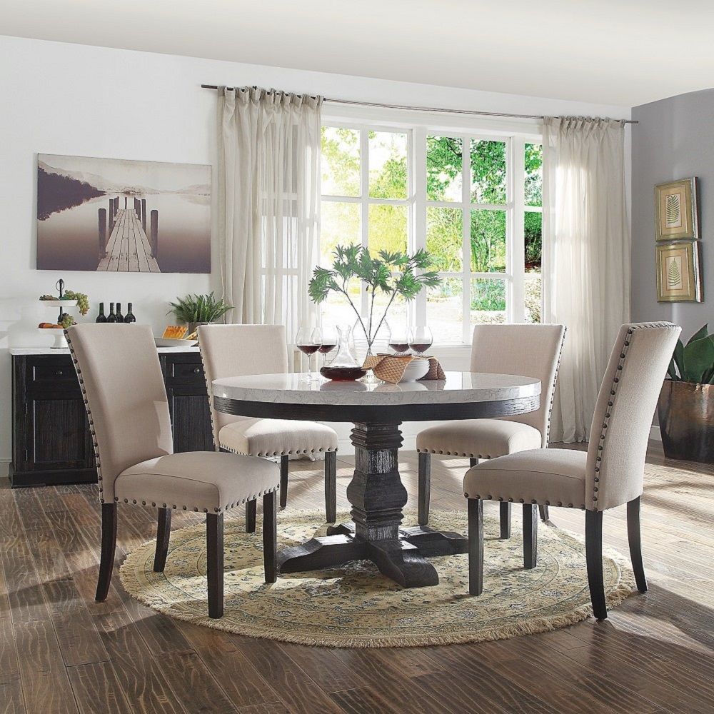 Nolan - Round Dining Table - White Marble Top & Salvage Dark Oak