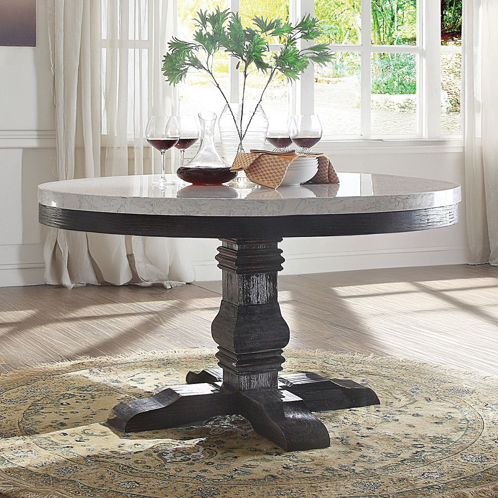 Nolan - Round Dining Table - White Marble Top & Salvage Dark Oak