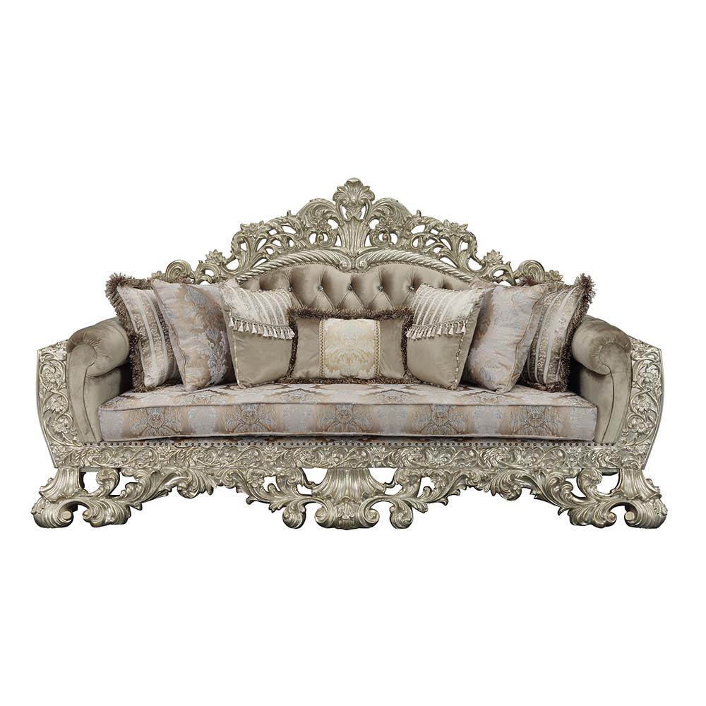 Sorina - Sofa With 7 Pillows - Velvet, Fabric & Antique Gold