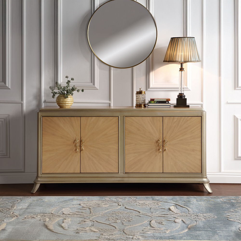 Dodie - Console Cabinet - Natural Oak Sunburst Pattern & Taupe Champaign