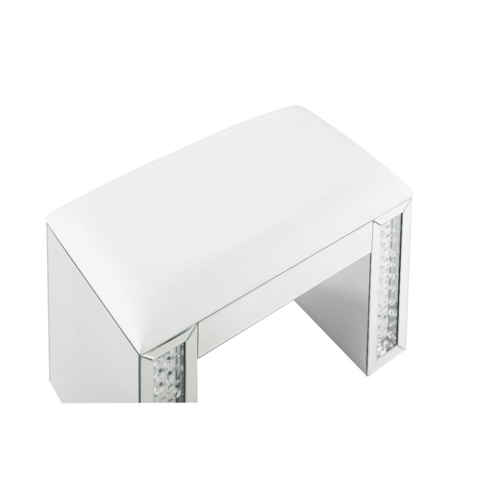 Nysa - Vanity Stool - Ivory Synthetic Leather , Mirrored & Faux Crystals